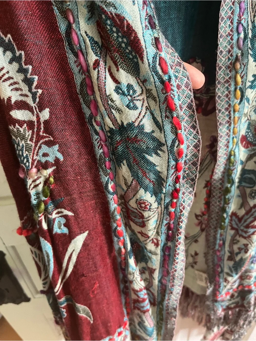 Raj Multicolor Floral Fringe Vest - Burgundy, Teal, Cream